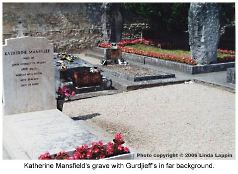 Katherine Mansfield's grave with Gurdjieff in background.